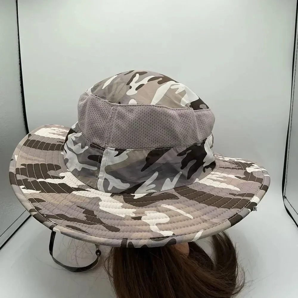 Camouflage print wide-brim sun hat with a mesh crown, adjustable chin strap